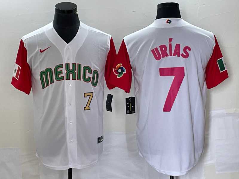Men%27s Mexico Baseball #7 Julio Urias Number 2023 White Red World Classic Stitched Jersey 27
